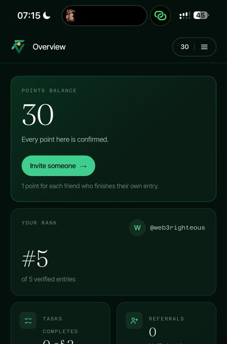 A mobile app dashboard showing 30 points balance, a rank of #5 (@web3righteous) of 5 verified entries, and tasks/referrals sections, all related to a whitelist and points reward program accessible via the provided referral link.