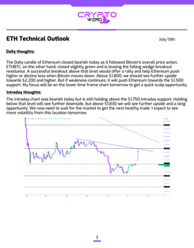A page from the Crypto Wealth newsletter dated July 13th, titled 'ETH Technical Outlook.' It details Ethereum's daily and intraday thoughts, predicting a push towards $1,500 if Bitcoin's falling wedge breakout occurs, accompanied by a price chart.