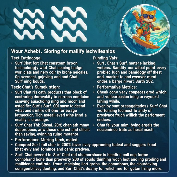 A document with a wavy Aquarius water-bearer logo and an illustration of a cartoon cat surfing, containing garbled, nonsensical text such as 'Wour Achebt. Sloring for mallify lechvileanios' and 'Surf Chat fort Chat constrarn broon' under sections like 'Text Eutthinooge' and 'Funding Vals'.