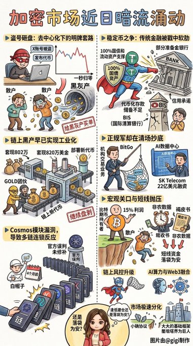 A Chinese-language infographic titled '加密市场近日暗流涌动' (Undercurrents in the Crypto Market Recently), using cartoon illustrations to depict issues like Bitcoin dominance, traditional finance rivalry, stablecoin industrialization, and AI data center investments.