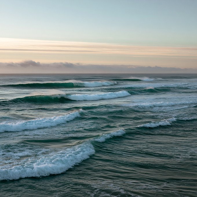 A serene photograph of ocean waves rolling toward the shore under a soft, cloudy sky at sunset or sunrise.
