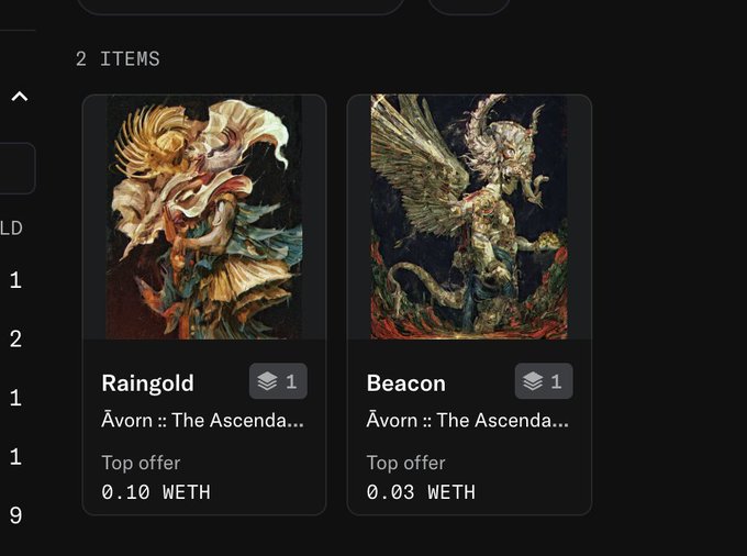 A digital marketplace interface showing two NFT items from 'Āvorn :: The Ascenda...' collection: 'Raingold' (top offer 0.10 WETH) and 'Beacon' (top offer 0.03 WETH).