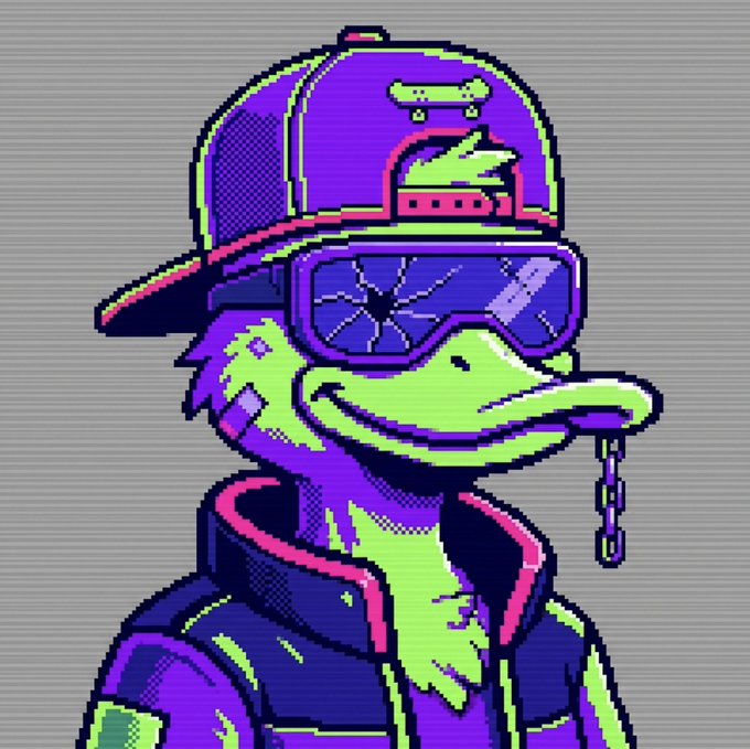 A pixel art illustration of a green duck or platypus character wearing a purple backwards cap, sunglasses, and a jacket, rendered in purple and green tones.