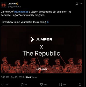 A screenshot of a tweet from @legiondotcc announcing that up to 5% of @jumperramp's Legion allocation is set aside for The Republic community program, posted on Sep 25, 2026.