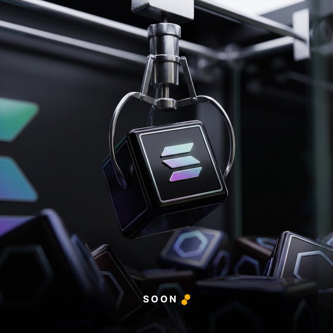 A 3D render of the Solana logo being picked up by a mechanical claw, with 'SOON' text at the bottom.