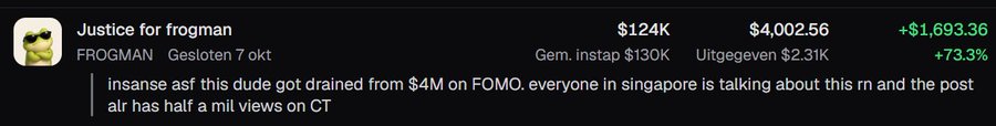 A Pump.fun token page showing 'Justice for frogman' (FROGMAN) with market cap $124K, spent $4,002.56, and comment 'insane asf this dude got drained from $4M on FOMO. everyone in singapore is talking about this rn and the post alr has half a mil views on CT'.