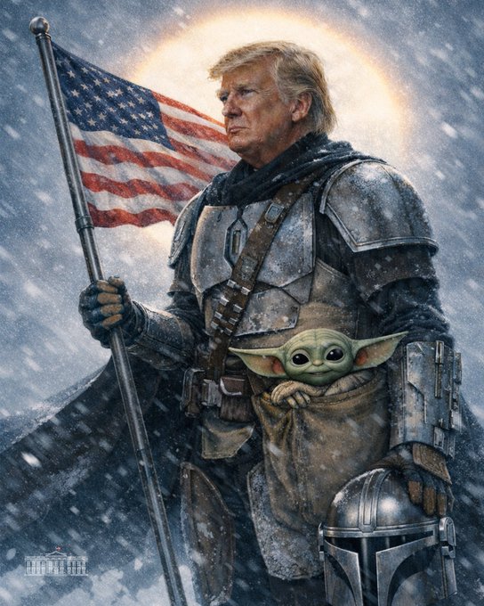 A fantasy artwork depicting Donald Trump as The Mandalorian in beskar armor, holding an American flag with baby Yoda (Grogu) in his pouch, set against a snowy backdrop with a sun-like halo, watermarked 'Make Art Great Again'.