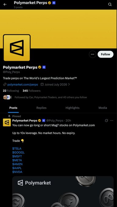 The image shows the X (Twitter) profile page for "Polymarket Perps" (@Poly_Perps), which joined in July 2026, has 345 followers, and features a pinned post listing tradable stock tickers including $TSLA, $GOOGL, $MSFT, $META, $AMZN, $AAPL, and $NVDA with up to 10x leverage. This relates to the post by highlighting Polymarket's newly launched Perps account, which the author praises for having competitive maker/taker fees compared to Binance and Bybit.