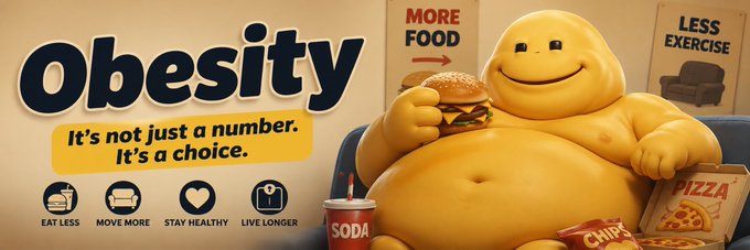 The image is a stylized anti-obesity poster featuring the bold title "Obesity – It's not just a number. It's a choice," alongside a smiling, oversized character eating a burger on a couch. It includes lifestyle icons labeled "Eat Less," "Move More," "Stay Healthy," "Live Longer," and signs reading "More Food" and "Less Exercise," with pizza, chips, and soda scattered around. The poster's "it's a choice" messaging frames obesity as purely behavioral, which contrasts sharply with the post's claim that "the community will win"—suggesting the image is being used to challenge or mock the poster's oversimplified stance.