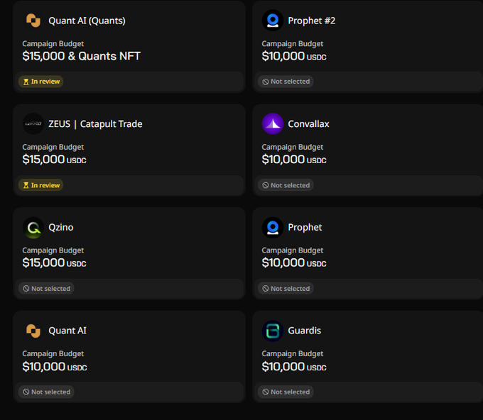 A dark themed dashboard displaying campaign budgets for various crypto projects including Quant AI, Prophet #2, ZEUS | Catapult Trade, Convallax, Qzino, Prophet, and Guardis, with budgets ranging from $10,000 to $15,000 USDC.