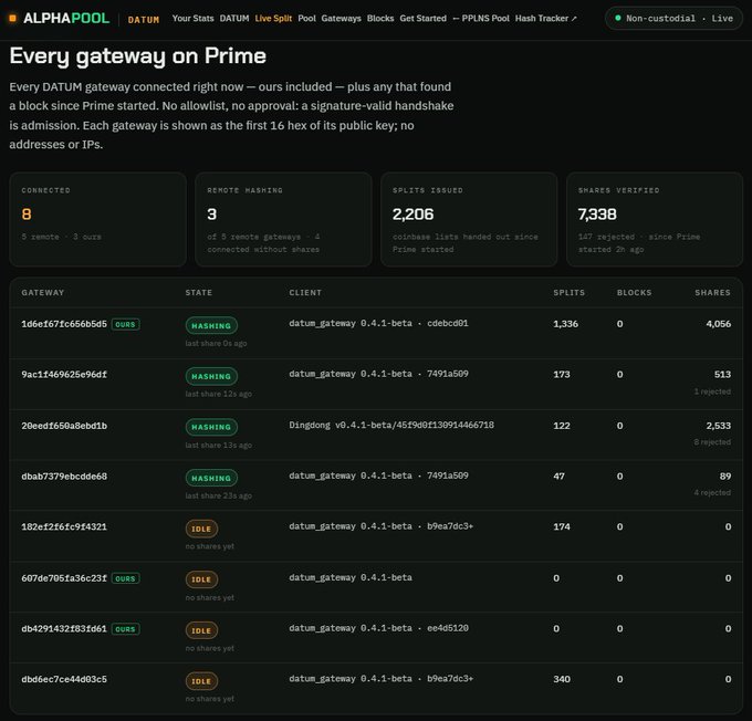 AlphaPool dashboard titled "Every gateway on Prime" showing 8 connected DATUM gateways with stats like 2,206 splits issued and 7,338 shares verified, listing gateways by hash, status (hashing/idle), and client versions like datum_gateway 0.4.1-beta.