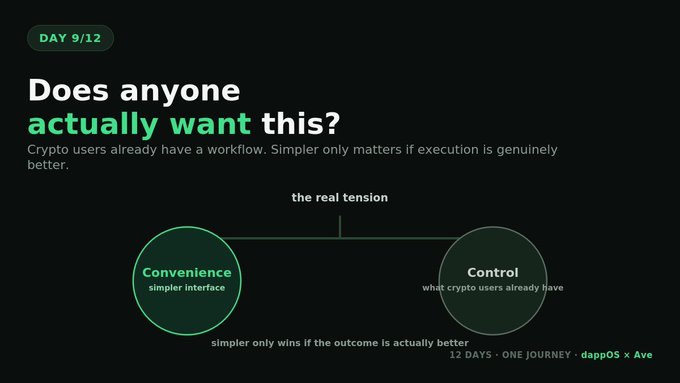 A dark-themed presentation slide titled "Does anyone actually want this?" illustrates the tension between "Convenience" and "Control," labeled "DAY 9/12."