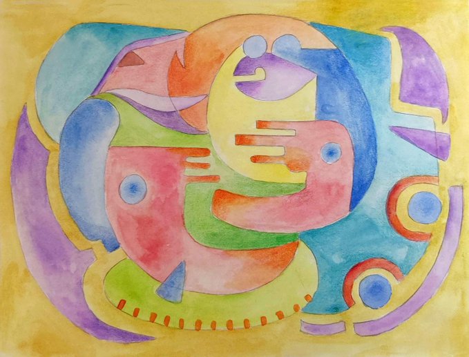 An abstract watercolor painting featuring colorful, interlocking organic and geometric shapes in pink, green, blue, orange, and purple against a yellow background.