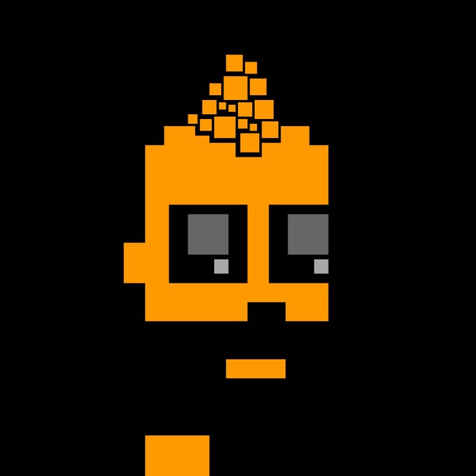 Pixel art of an orange flame character with dark sunglasses and pixelated sparks rising above its head on a black background.