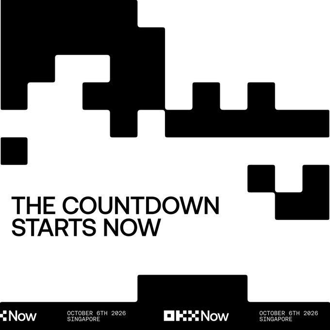 A bold black-and-white promotional graphic featuring geometric block patterns displays the headline "THE COUNTDOWN STARTS NOW," announcing the OKX Now event scheduled for October 6th, 2026 in Singapore, tying directly to the post's teaser about the upcoming exclusive product launch event.