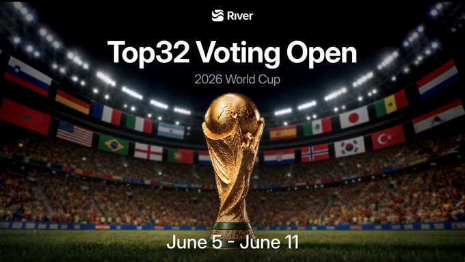 The image features a large soccer stadium filled with people, with a trophy displayed prominently in the center. The text "Football debates are always fun, but turning them into structured onchain participation is what makes things more interesting." This statement seems to be related to the ongoing World Cup and the event taking place at the stadium. The post also mentions that users can stake $RIVER and vote across each stage of the tournament, which could be a way for fans to engage with the game in a more interactive manner.