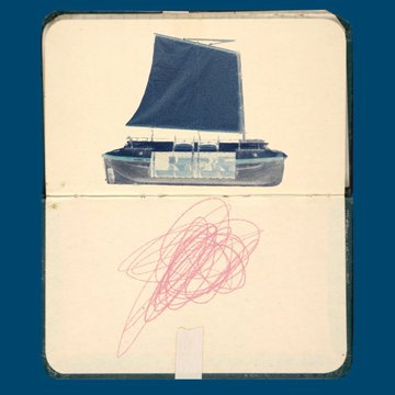 An artistic image of an open vintage journal or notebook with a blue-toned illustration of a sailboat on the top page and red scribbled lines on the bottom page.