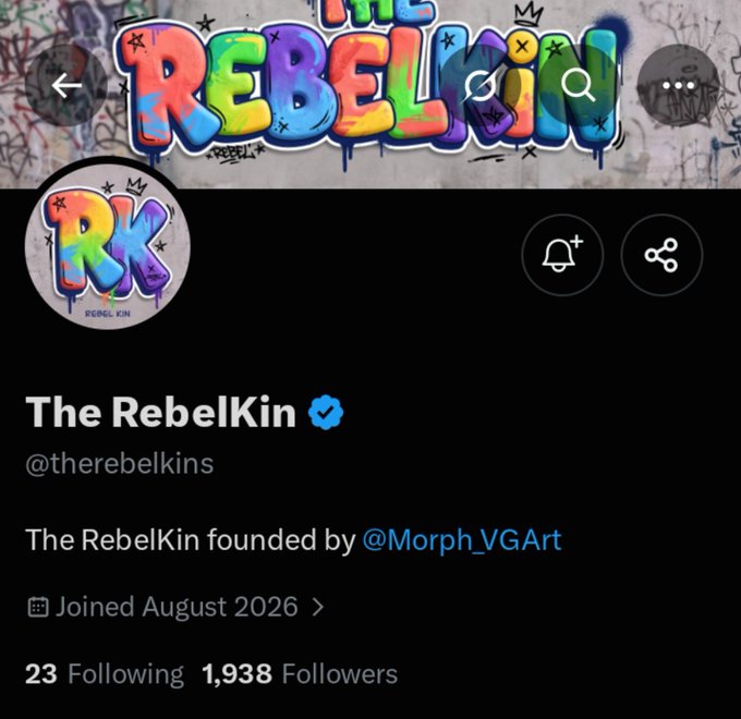 A Twitter/X profile page for 'The RebelKin' (@therebelkins), founded by @Morph_VGArt, with a colorful graffiti-style logo, showing 23 Following and 1,938 Followers, joined August 2026.