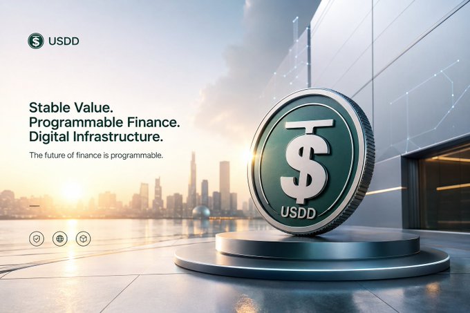A promotional image for USDD cryptocurrency, featuring a large coin and the tagline 'Stable Value. Programmable Finance. Digital Infrastructure. The future of finance is programmable.'
