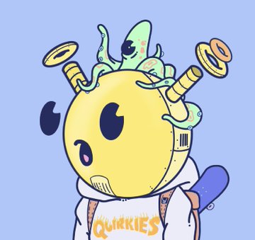 A cartoon illustration on a light blue background depicts a yellow, robot-like character with a winking face, wearing a white shirt labeled 'QuirKIES' and topped with green tentacles.