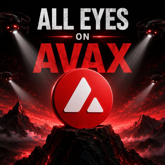 The image features a red circle with an "A" inside, surrounded by mountains and flying UAVs (Unmanned Aerial Vehicles). The text "All eyes on Avax" is written above the circle, indicating that this is related to the Avax cryptocurrency.