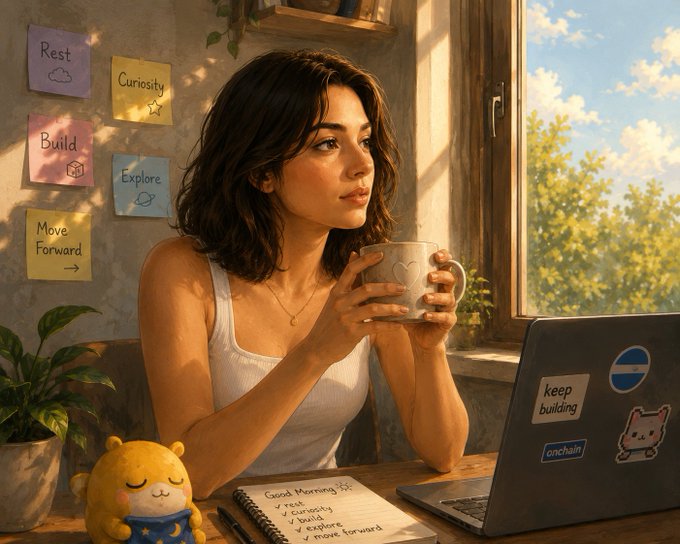 An illustrated woman in a white tank top holds a mug while looking out a window, with sticky notes reading "Rest", "Curiosity", "Build", "Explore", "Move Forward" and a to-do list titled "Good Morning".