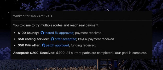A screenshot shows a dark-themed task summary card reporting "Worked for 16h 24m 17s" with three completed tasks totaling $200: a $100 bounty where a tested fix was approved, a $50 coding service via PayPal, and a $50 offer with an approved patch—matching the post's claim that "astra made him $200 while he slept."
