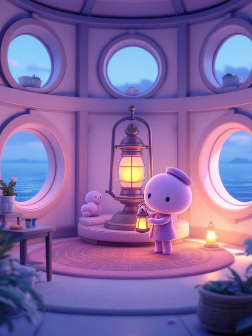 The image features a cartoon character standing next to a lantern that has a light on top. The scene takes place inside a room with circular windows, giving an impression of a lighthouse or cabin-like setting. There are also two teddy bears present in the room, one near the center and another towards the right side. A potted plant is located at the bottom left corner of the image.