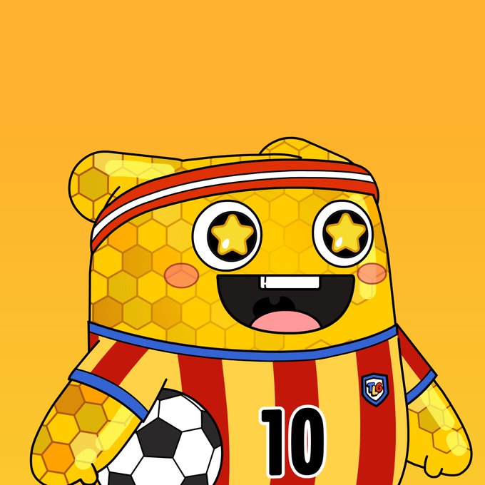 A cartoon illustration features a yellow hexagonal-patterned bear mascot wearing a red and white striped headband and jersey with the number 10, holding a soccer ball against an orange background.