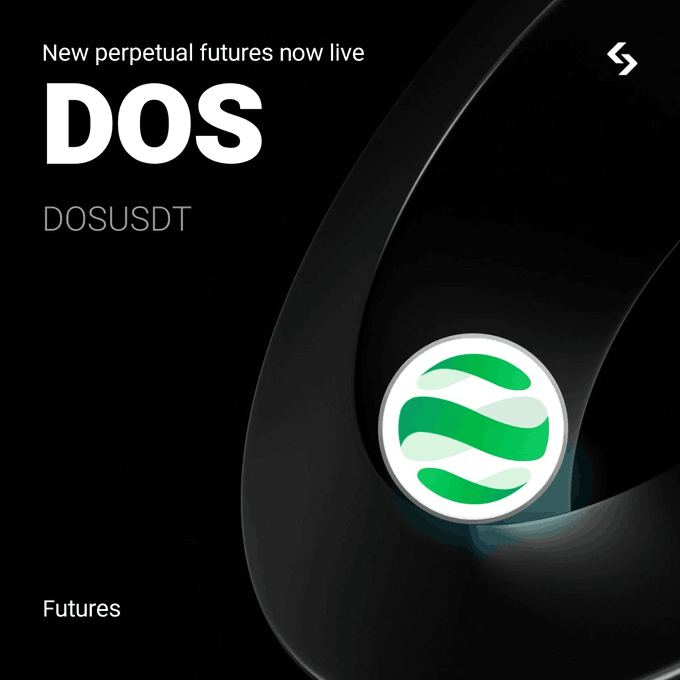 A promotional graphic announcing the launch of DOSUSDT perpetual futures on Bitget, featuring a dark background with a green and white circular logo and the text "New perpetual futures now live" above the "DOS" ticker and "DOSUSDT" label.