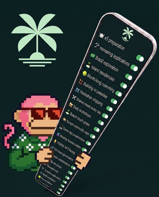 Pixel art monkey character in a pink bandana and green hoodie holding a checklist on a phone screen titled 'v5 preparation' with tasks like 'Brazil exploration', 'Island residencies', and 'Monthly coworking' next to a tropical tree icon.