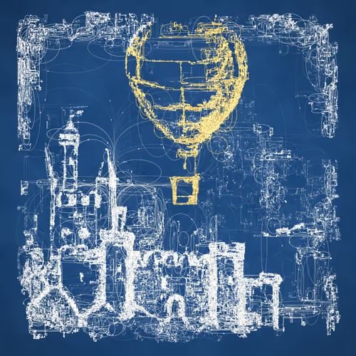 A blue blueprint-style image featuring a yellow Daft Punk-style helmet in the center surrounded by intricate technical drawings.