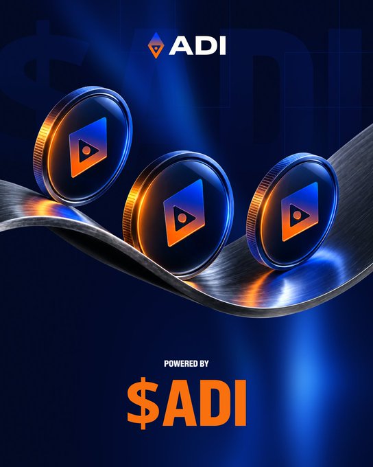 The image is a promotional graphic featuring three metallic coins bearing the ADI logo, arranged on a curved silver ribbon against a deep blue background, with the text "ADI" at the top and "POWERED BY $ADI" at the bottom. The accompanying post highlights ADI Chain's role as a unified settlement layer for regulated industries, with the coins visually symbolizing the tokenized value ($ADI) that powers this multi-vertical blockchain infrastructure.