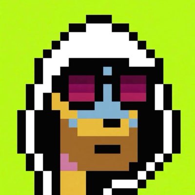 A pixel art portrait of a dark-skinned character wearing a white headdress and pink sunglasses on a green background.