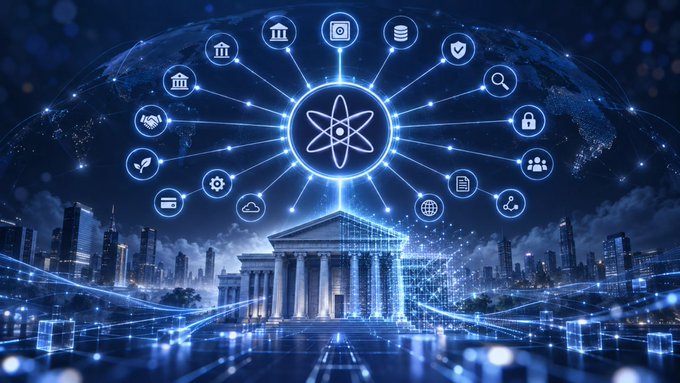 A digital illustration of a classical bank building overlaid with glowing blue network lines, a central atom symbol, and various fintech and institutional icons against a dark blue background.