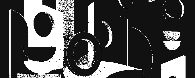 An abstract black and white graphic composition featuring overlapping geometric shapes, circles, and textured patterns.