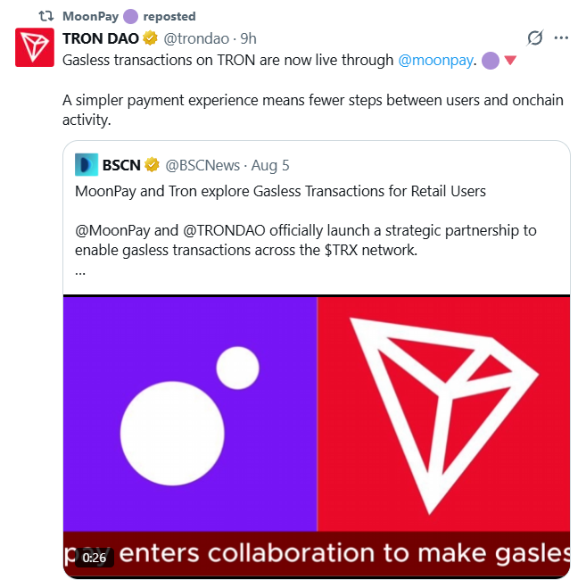 A Twitter/X post by TRON DAO (@trondao) — reposted by MoonPay — announces that gasless transactions on TRON are now live through MoonPay, quoting a BSC News (@BSCNews) article titled "MoonPay and Tron explore Gasless Transactions for Retail Users," which details a strategic partnership between MoonPay and TRONDAO to enable gasless transactions across the $TRX network, accompanied by a split graphic showing MoonPay's logo on purple and TRON's red diamond logo.