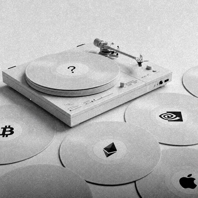 A black-and-white image of a white turntable with a record featuring a question mark, surrounded by other vinyl records bearing crypto and tech logos like Bitcoin, Ethereum, and Apple.