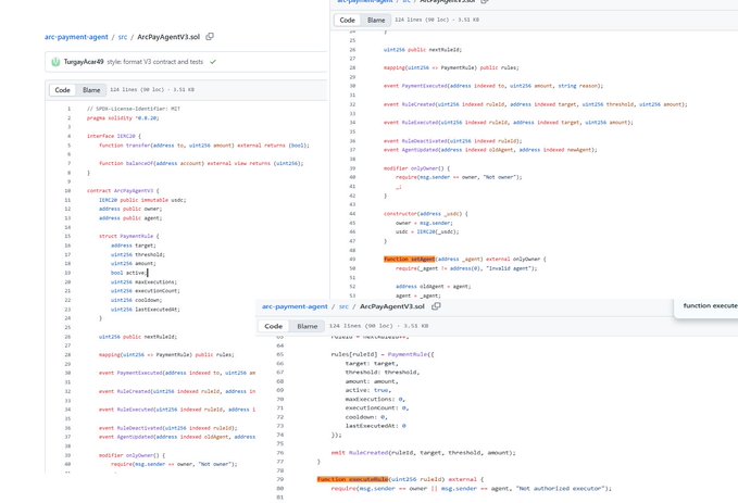 A screenshot of smart contract code in Sierra format for the 'arc-payment-agent' showing PaymentAgentV3.sol, written in Cairo with functions like 'executePayment', 'mapping', and 'setExecutor'.