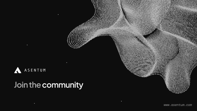 A dark, monochromatic digital artwork features an abstract, wave-like 3D form composed of white dots against a black background. The text "ASENTUM" with a triangular logo appears in the lower left, alongside the invitation "Join the community," and the website "www.asentum.com" is visible in the bottom right, promoting the project's active Telegram channel for real-time updates.