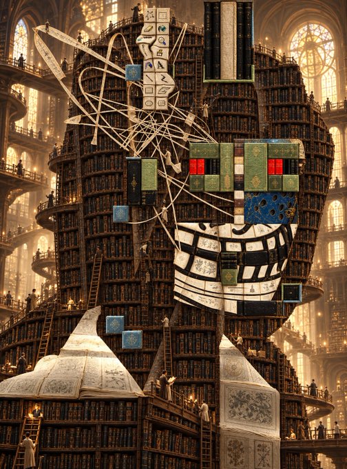 A fantastical, intricate library filled with towering bookshelves, ladders, glowing stained-glass windows, and a suspended arrangement of books and pages.