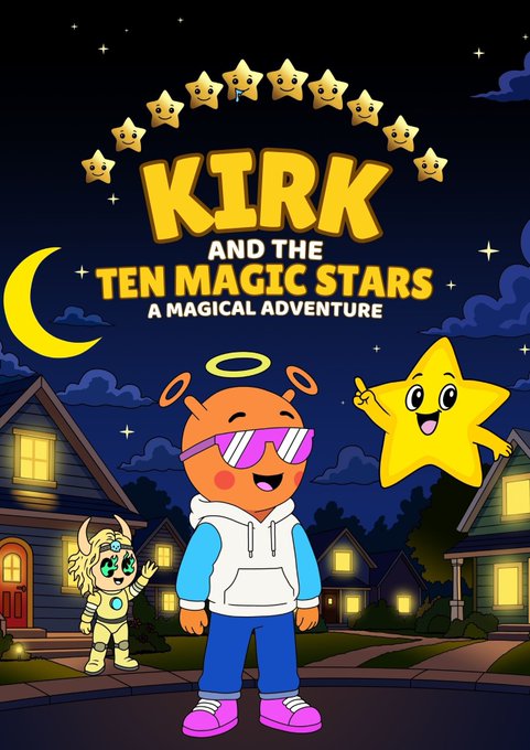 An illustrated children's book cover titled 'KIRK AND THE TEN MAGIC STARS - A Magical Adventure' showing a cartoon character with sunglasses standing next to an animated yellow star at night.