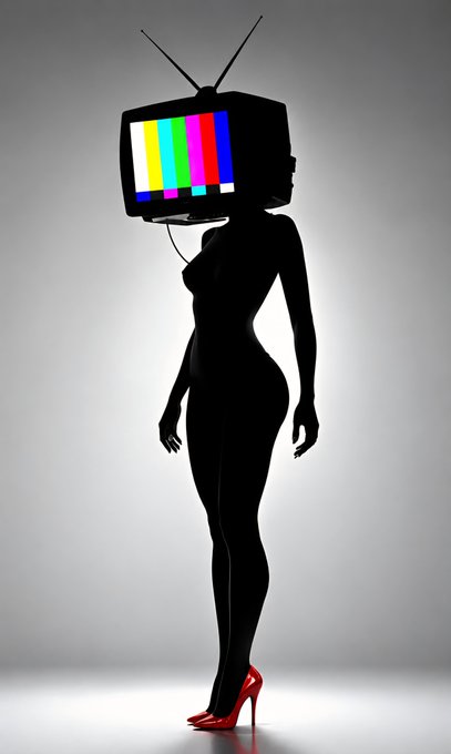 A stylized silhouette of a woman in red high heels with a retro television set displaying color bars in place of her head.
