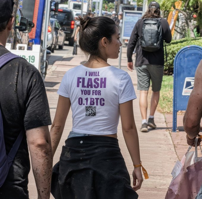 A woman walking down a sunny sidewalk wearing a white t-shirt with the text 'I WILL FLASH YOU FOR 0.1 BTC' and a Bitcoin QR code on the back.