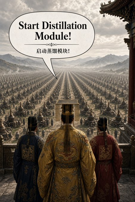 An emperor and two officials in traditional Chinese robes look out over a vast field of stills, with a speech bubble reading 'Start Distillation Module! 启动蒸馏模块!'.