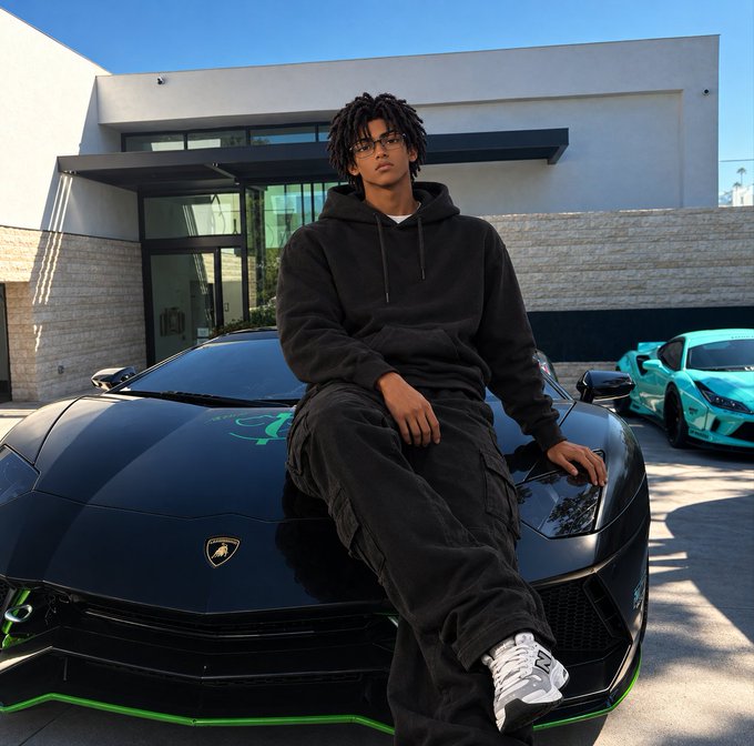 A young man with dreadlocks in a black hoodie sits on a black Lamborghini with green accents outside a modern house, with a teal sports car visible in the background.