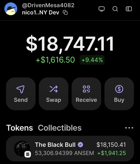 A screenshot of a Phantom crypto wallet belonging to @DrivenMesa4082 shows a balance of $18,747.11, up +$1,616.50 (+9.44%), prominently featuring holdings of "The Black Bull" token with 53,306.94399 ANSEM valued at $18,150.41 (+$1,941.25), visually supporting the post's promotion of the $ANSEM token and the promise to airdrop tokens to wallets.