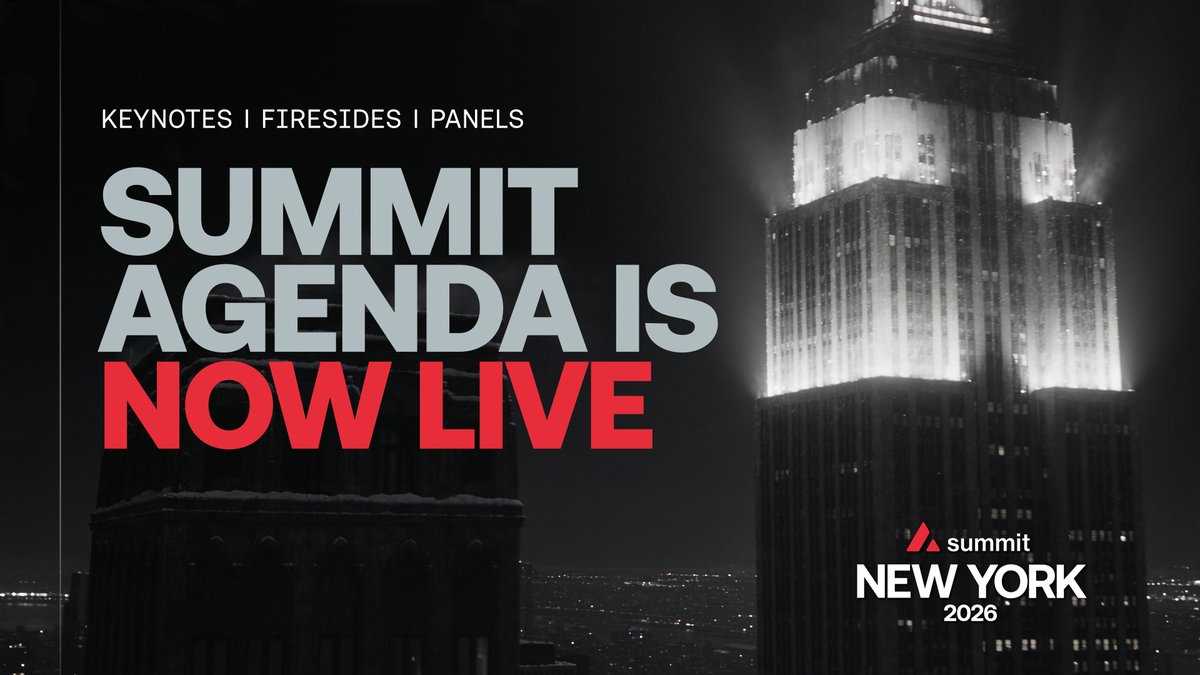A promotional graphic reads 'KEYNOTES | FIRESIDES | PANELS' and 'SUMMIT AGENDA IS NOW LIVE' in bold lettering, with 'Summit NEW YORK 2026' logo over a black-and-white photo of the illuminated Empire State Building.