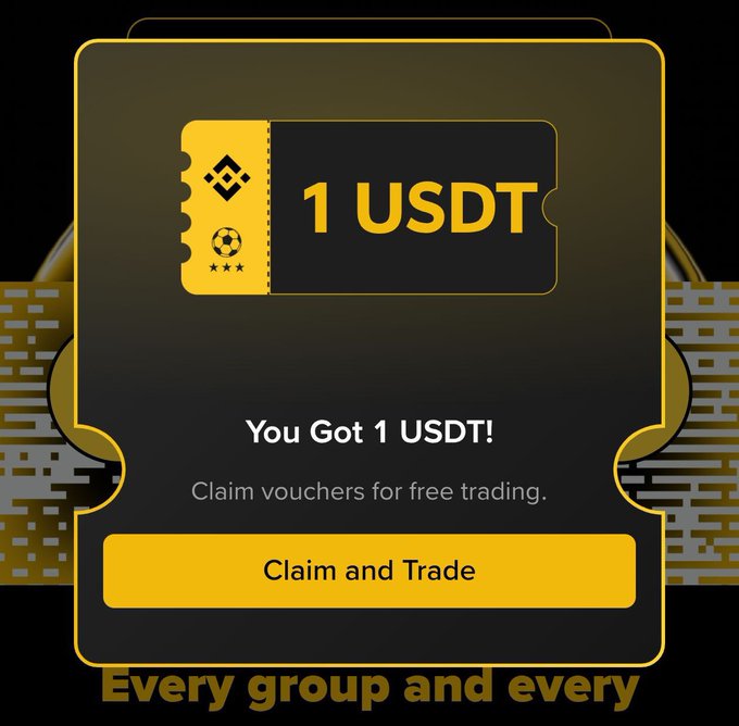Binance promotional graphic with a gold '1 USDT' voucher reading 'You Got 1 USDT! Claim vouchers for free trading' with a 'Claim and Trade' button.