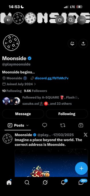 This image shows a mobile Twitter/X profile page for "Moonside" (@playmoonside), a project with 9.6K followers that began in July 2024 and is followed by accounts like @_play_moon, @A-SQUARE, @Flash, and @sasuke.sol. The recent post dated 17/03/2025 reads "Imagine a place beyond the world. The correct address is Moonside." This appears to serve as a visual reference or promotional material accompanying a cryptocurrency transaction receipt for BakyXRTtW2cdivHrqoENQhSfaMjGLRgDudV8QSBGcKNf, possibly related to a donation, tip, or payment involving the Moonside project.